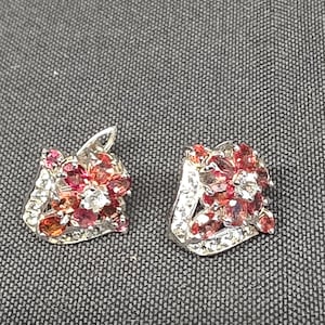 Vintage 925 Sterling Silver Flower Cluster Earrings Red Garnet Ruby CZ Heart Shield Halo Russian Lock Leverback Fine Estate Jewelry Gift