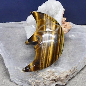 Tiger&#39;s Eye Carved and Polished Moon with Face Great Gift for Crystal Lovers