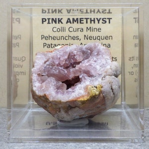 Great Deep Pocket Pink Amethyst Geode Colli Cura Mine, Patagonia, Argentina comes with 2.4in x 2.4in. Display Box and ID card