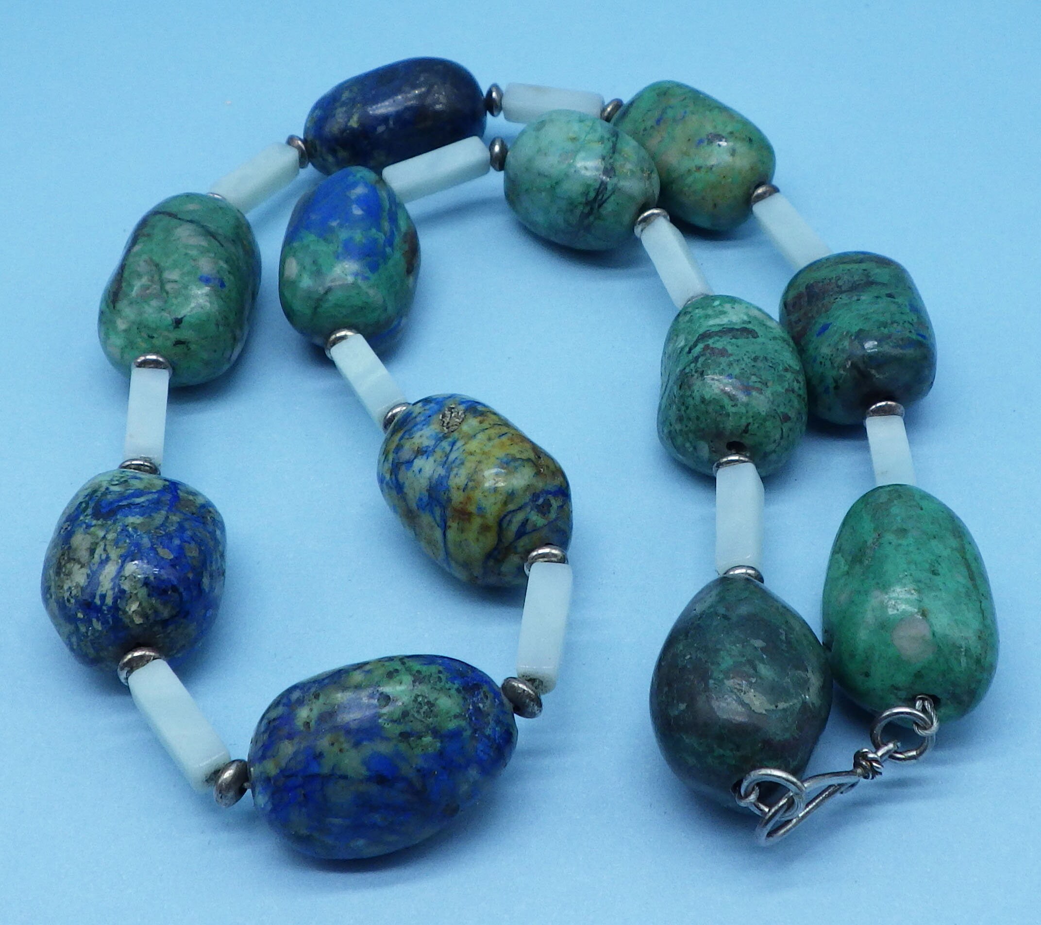 Beautiful Azurite Malachite and Chalcedony 20 inch Necklace with Hook and Eye Clasp