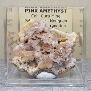 Great Color Deep Pocket Pink Amethyst Geode Colli Cura Mine, Patagonia, Argentina comes with 2.4in x 2.4in. Display Box and ID card
