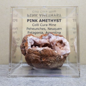 Great Deep Pocket Pink Amethyst Geode Colli Cura Mine, Patagonia, Argentina comes with 2.4in x 2.4in. Display Box and ID card