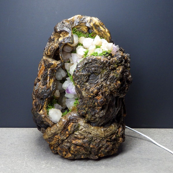 Beautiful South Africa Spirit Quartz and Georgia Oak Burl One of a Kind  USB Light Display Piece almost 10 inches tall Cactus Quartz