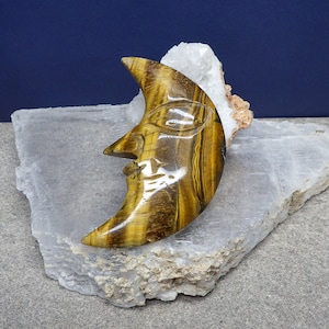 Tiger&#39;s Eye Carved and Polished Moon with Face Great Gift for Crystal Lovers