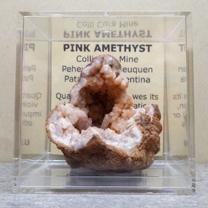 Deep Pocket Pink Amethyst Geode Colli Cura Mine, Patagonia, Argentina comes with 2.4in x 2.4in. Display Box and ID card