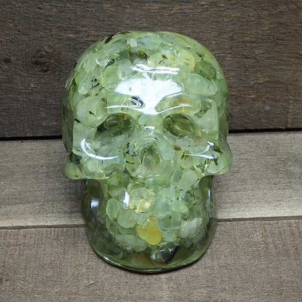 Fantastic Colors Prehnite Chips in a Large Epoxy Resin Skull Skull Lovers Dark Academia Crystal Skull