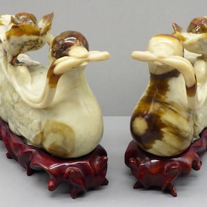 Beautiful Pair of Bird of Paradise Mutton Jade Carvings With Lotus Flower On Wooden Bases