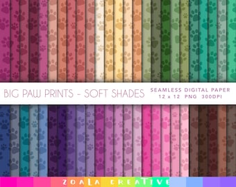 50 Big Pawprint Seamless Pattern 12 x 12 Digital Paper - Soft Colours Instant Download Printable Paw Prints - Pink, Purple, Brown, Green