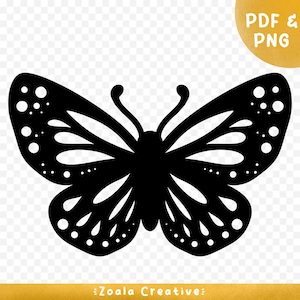 May include: Black silhouette of a butterfly with white spots on its wings. The butterfly is centered in the image and has a simple, elegant design.