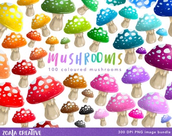 100 Colour Mushroom PNG clipart bundle for card making, scrapbooking. Red, Orange, Yellow, Green, Teal, Blue, Purple, Pink, Brown, Black