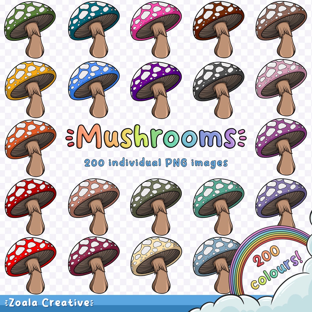 200 Colour Cartoon Mushroom PNG Clipart Bundle for Stickers, Crafts