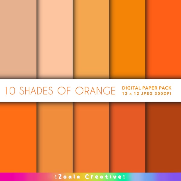 10 Solid Orange 12 x 12 Digital Paper set for Scrapbooking, journalling, Craft Projects. Vibrant Shades of Pastel and Deep Oranges Bundle