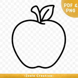 May include: Black and white outline drawing of an apple with a leaf on top.