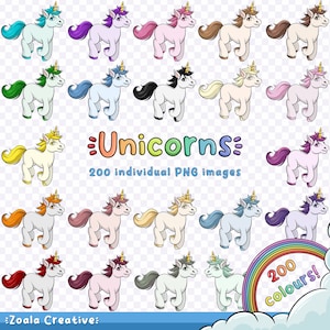 200 Colour Cute Unicorn Cartoon PNG Clipart - Red, Orange, Yellow, Green, Teal, Blue, Purple Pink, Brown - Instant Download -  Unicorns Art