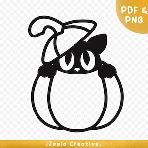 May include: Black and white illustration of a cat wearing a witch hat and peeking out of a pumpkin.