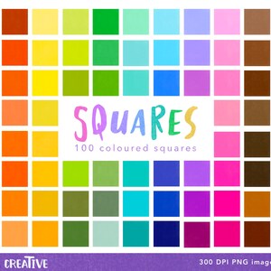 May include: A set of 100 colorful squares, each a different shade. The squares are arranged in a grid pattern and are labeled "SQUARES 100 coloured squares".
