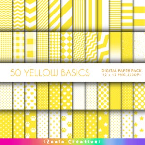 50 GELBE Grundmuster Digitales Papier - Konfetti, Streifen, Zickzack, Polka, Stern, Pfotenabdrücke, Herzen - 12 x 12 Mega Hintergrundmuster Bundle