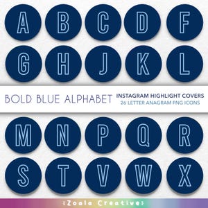 20 portadas destacadas de Instagram con letras en azul intenso: anagramas en mayúsculas para historias de redes sociales: íconos de una sola letra en azul oscuro y azul claro