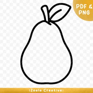 May include: Black and white outline drawing of a pear with a leaf on top.
