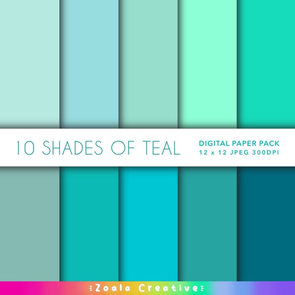 10 Solid Teal 12 x 12 Digital Paper set for Scrapbooking, journalling, Craft Projects. Vibrant Shades of Pastel and Deep Blue Teals Bundle