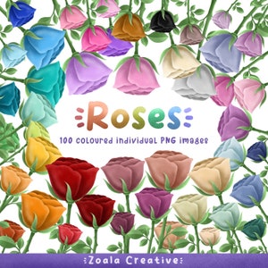 100 Colour Rose Stem PNG clipart - Cute Cartoon Single Flower Illustration  - Pink, Red, Orange, Yellow, Blue, Purple