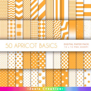 May include: A digital paper pack featuring 50 different patterns in apricot and white. The patterns include stripes, polka dots, hearts, stars, paw prints, and more. The pack is 12 x 12 inches and 300 DPI.