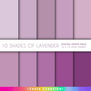 Ensemble de 10 papiers numériques couleur unie lavande 12 x 12 pour scrapbooking, arrière-plan graphique, travaux manuels. Lot nuances de violets et de lilas doux