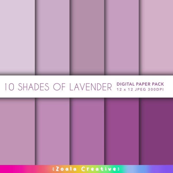 10 Solid Colour Lavender 12 x 12 Digital Paper Set for Scrapbooking, graphics background, Crafts. Shades of Soft Purples and Lilacs Bundle