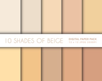 10 x Solid Colour Beige 12 x 12 Digital Paper Set for Scrapbooking, Journalling, Crafts. Soft Shades of Yellow, Tan and Cream Colour Bundle