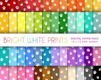 50 White Paw Print Seamless Pattern 12 x 12 Digital Paper - Solid Colour Bright Background - Instant Download - Printable Paw Print Design