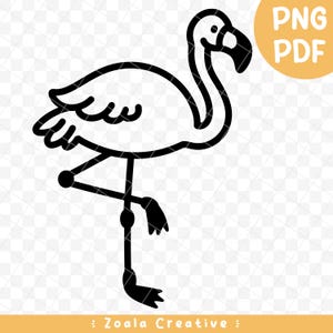 May include: Black and white line art illustration of a flamingo standing on one leg. The flamingo has a long neck and a curved beak.