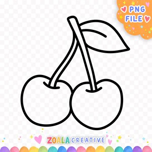 以下が含まれることがあります： 1枚の葉が付いた1本の茎に繋がった2つのサクランボの白黒線画イラスト。画像の右上隅にはPNG FILEと書かれた小さなオレンジ色の雲の形をしたグラフィックがあり、その下にZOALA CREATIVEというテキストが表示されています。
