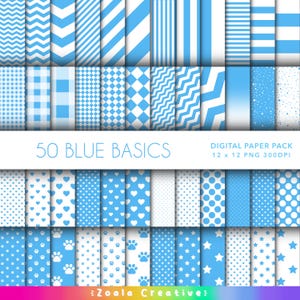 May include: A digital paper pack with 50 blue and white patterns. The patterns include stripes, polka dots, hearts, stars, paw prints, and more. The pack includes 12 x 12 PNG files at 300 DPI. The text "50 Blue Basics" and "Digital Paper Pack 12 x 12 PNG 300DPI" is included in the image.