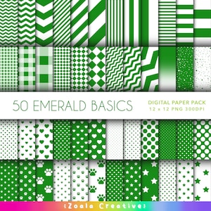 May include: 50 Emerald Basics Digital Paper Pack, 12 x 12 PNG 300DPI. A set of 50 digital papers featuring various green and white patterns, including stripes, polka dots, hearts, paw prints, and stars.