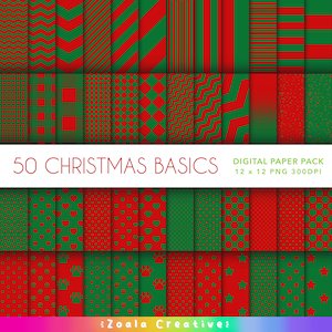 May include: A digital paper pack titled "50 Christmas Basics" featuring various red and green patterns. Designs include stripes, chevrons, polka dots, and hearts. The pack is 12 x 12 inches and 300 DPI.