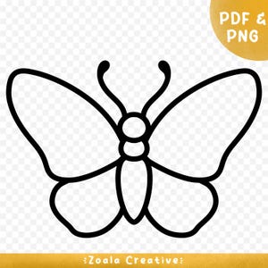 May include: Black and white line art illustration of a butterfly with two circles in the center of the body.