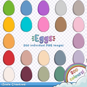 Puede incluir: Un conjunto de 200 ilustraciones de huevos coloridos, perfectas para manualidades de Pascua o proyectos de diseño digital. Cada huevo es una imagen PNG separada, con una variedad de colores y matices.