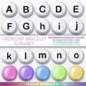 May include: White circle icons with black letters spelling out the alphabet from A to O. Below the letters are five round, colorful beads in pink, purple, blue, green, and yellow.