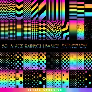May include: A digital paper pack with 50 black and rainbow patterns. The patterns include stripes, polka dots, hearts, paw prints, stars, and more. The pack includes 12 x 12 inch PNG files at 300 DPI.