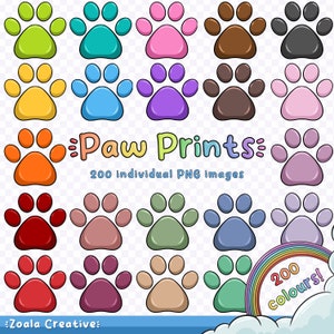 200 Colour Individual Animal Paw Print Cartoon Clipart - Rainbow Digital Planner Stickers - Instant Download - Cute Cat and Dog Paws PNG