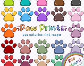 200 Colour Individual Animal Paw Print Cartoon Clipart - Rainbow Digital Planner Stickers - Instant Download - Cute Cat and Dog Paws PNG