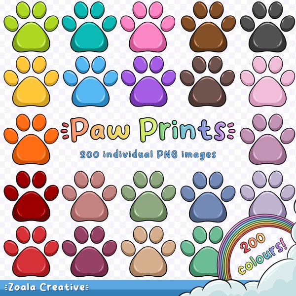 200 Colour Individual Paw Print Cartoon Clipart - Orange, Yellow, Green, Blue, Purple, Pink - Instant Download - Cute Cat and Dog Paws PNG