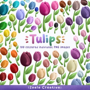 100 gekleurde tulpen PNG-clipart voor planner, digitale stickers, projecten. Leuk, eenvoudig minimalistisch ontwerp met 100 kleuren tulp - direct te downloaden