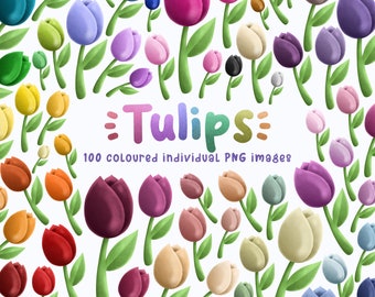 100 Coloured Tulips PNG Clipart for Planner, Digital Stickers, Projects. Cute, Simple Minimalist 100 Colour Tulip Design - Instant Download