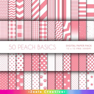 Può includere: Un pacchetto di carta digitale con 50 motivi color pesca. I motivi includono strisce, pois, cuori, stelle, impronte di zampe e altro ancora. Il pacchetto include file PNG 12 x 12 a 300 DPI. Il testo "50 Peach Basics" e "Digital Paper Pack 12 x 12 PNG 300DPI" è incluso nell'immagine.