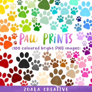Ensemble de cliparts PNG empreinte de patte lumineuse de 100 couleurs - travaux manuels, scrapbooking. Rouge, orange, jaune, vert, violet, rose, marron - Empreintes de pattes texturées