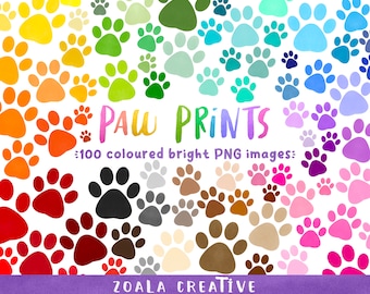 100 Colour Bright Paw Print PNG Clipart Set - Crafts, Scrapbooking. Red, Orange, Yellow, Green, Purple, Pink, Brown - Textured Paw Prints