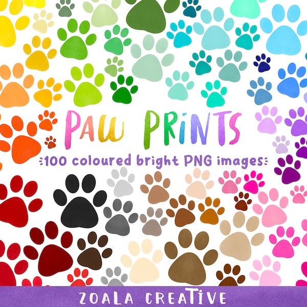 100 Colour Bright Paw Print PNG Clipart Set - Crafts, Scrapbooking. Red, Orange, Yellow, Green, Purple, Pink, Brown - Textured Paw Prints