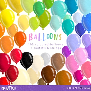 Bundle di 100 clipart PNG di palloncini colorati per la creazione di biglietti e scrapbooking. Rosso, arancione, giallo, verde, verde acqua, blu, viola, rosa, marrone, nero