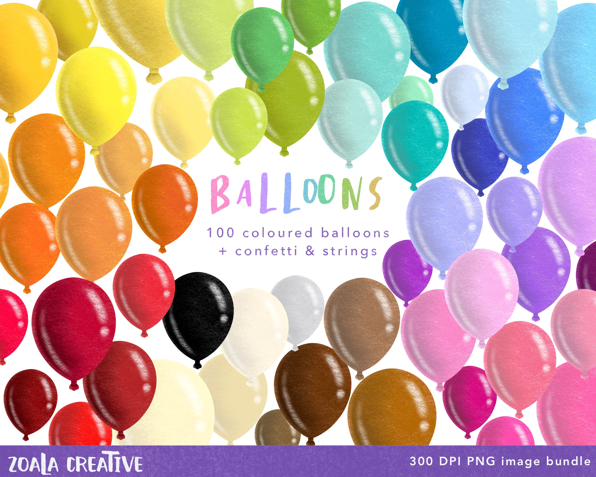 100 Colour Balloon PNG clipart bundle for card making, scrapbooking. Red, Orange, Yellow, Green, Teal, Blue, Purple, Pink, Brown, Black